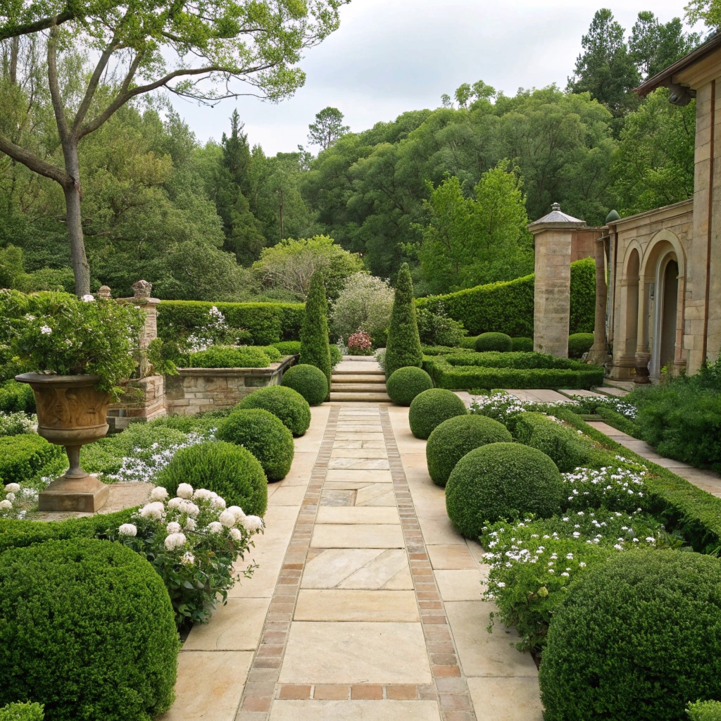 Outdoor space with sandstone pathways and structured planting